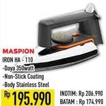 Maspion HA-110 Iron  Harga Promo Rp195.990, INTIM Rp206.990
BATAM Rp174.990

Spesifikasi :
- Daya 350 Watt
- Non-Stick Coating
- Body Stainless Steel