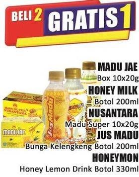 Harga Madu Jae Box 10x20g / Honey Milk Botol 200ml / Nusantara Madu Super 10x20g / Jus Madu Bunga Kelengkeng Botol 200ml / Honeymon Honey Lemon Drink Botol 330ml
