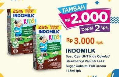 Promo Harga Indomilk Susu UHT Kids Cokelat, Full Cream, Less Sugar, Stroberi, Vanila 115 ml - Indomaret