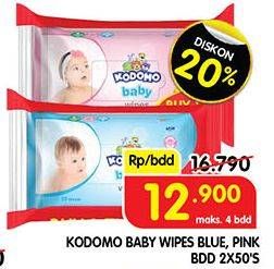 Promo Harga KODOMO Baby Wipes Classic Blue, Rice Milk Pink 50 pcs - Superindo