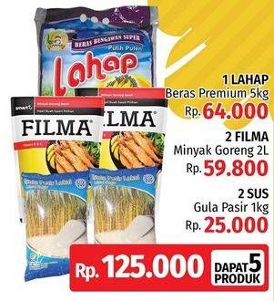 Promo Harga Lahap Beras 5kg + 2 Filma Minyak Goreng 2ltr + 2 SUS Gula Pasir  - LotteMart