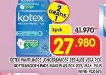 Promo Harga KOTEX Pantiliners Longer & Wider Aloe Vera 32s; Soft & Smooth Pads Maxi Plus 20s; Soft & Smoth Pads Maxi Plus Wing 16s  - Superindo