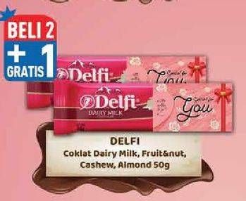 Promo Harga DELFI Chocolate Dairy Milk, Fruit Nut, Cashew, Almond 50 gr - Hypermart