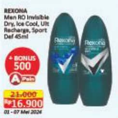 Promo Harga Rexona Men Deo Roll On Invisible Dry, Ice Cool, Ultra Recharge, Sport Defence 45 ml - Alfamart
