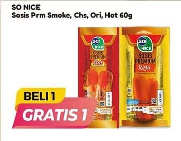 Promo Harga So Nice Sosis Siap Makan Premium Smoked Bratwurst, Original, Keju, Hot 60 gr - Alfamart