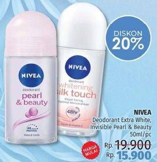 Promo Harga NIVEA Deo Roll On Extra Whitening, Invisible Black White, Pearl Beauty 50 ml - LotteMart
