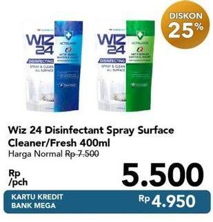 Promo Harga WIZ 24 Disinfecting Spray and Clean All Surface Clean, Fresh 400 ml - Carrefour