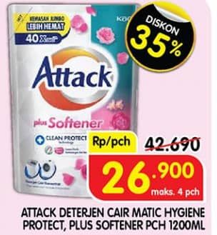 Promo Harga Attack Detergent Liquid Hygiene Plus Protection, Plus Softener 1200 ml - Superindo