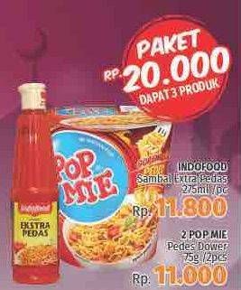 Promo Harga Indofood Sambal Extra Pedas + 2 Pop Mie Dower  - LotteMart