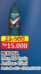 Promo Harga Rexona Men Deo Roll On Invisible + Antibacterial 45 ml - Alfamart