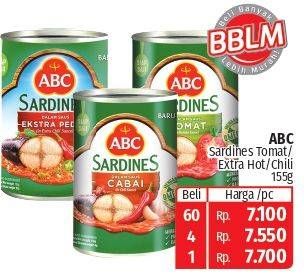 Promo Harga ABC Sardines Saus Tomat, Saus Cabai, Saus Ekstra Pedas 155 gr - Lotte Grosir