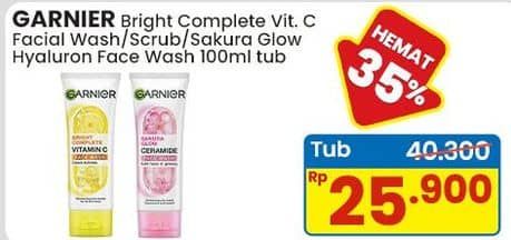 Promo Harga Garnier Facial Cleanser Bright Complete Vitamin C Super Whip Foam, Bright Complete Face Scrub, Sakura Glow Hyaluron Whip Foam 100 ml - Indomaret