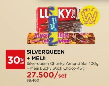 Promo Harga SILVER QUEEN Chunky Bar Almond 100g + MEIJI Lucky Stick Choco 45g  - Watsons