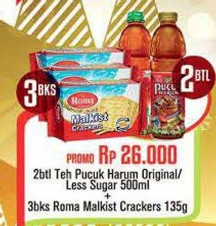 Promo Harga 2 TEH PUCUK Minuman Teh 500ml + 3 ROMA Malkist Crackers 135g  - Carrefour