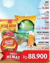 Promo Harga Paket Hemat (ABC Squash+ FS Long Grain + SUS Gula Pasir+ Rose Brand Minyak Goreng + Good Time)  - Lotte Grosir