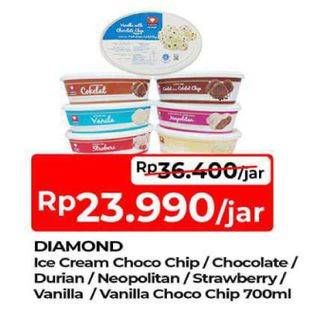Promo Harga Diamond Ice Cream Chocolate With Chocolate Chip, Durian, Neapolitan, Stroberi, Vanila, Vanilla With Chocolate Chip 700 ml - TIP TOP