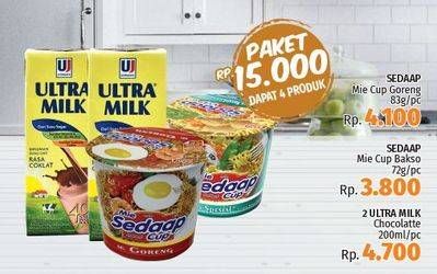 Promo Harga Paket 15ribu (Sedaap Mie Cup Goreng + Cup Bakso + 2 Ultra Milk)  - LotteMart