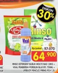 Promo Harga Rinso Anti Noda Deterjen Bubuk + Vixal Pembersih Porselen + Lifebuoy Pencuci Piring   - Superindo