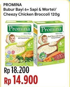 Promo Harga Promina Bubur Bayi 6+ Beef Stew With Carrot, Cheezy Chicken Broccoli 120 gr - Indomaret