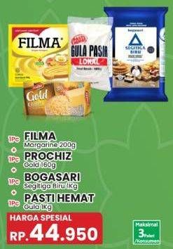 Filma Margarin/Prochiz Gold Cheddar/Bogasari Tepung Terigu Segitiga Biru/Pasti Hemat Gula Pasir Lokal