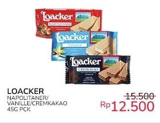 Promo Harga Loacker Wafer Napolitaner, Vanilla, Cream Cacao 45 gr - Indomaret