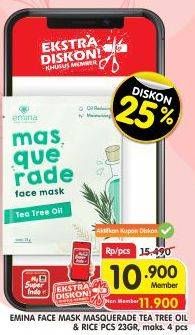 Promo Harga EMINA Masquerade Face Mask Tea Tree Oil, Rice 23 gr - Superindo