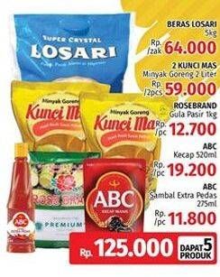 Promo Harga Losari Beras + 2 Kunci Mas Minyak Goreng + Rose Brand Gula + ABC Kecap + ABC Sambal Extra  - LotteMart