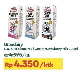 Promo Harga Grandairy Susu UHT Full Cream, Strawberry, Choco 200 ml - TIP TOP