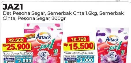 Promo Harga Attack Jaz1 Detergent Powder Pesona Segar, Semerbak Cinta 1700 gr - Alfamart