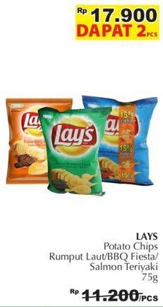 Promo Harga LAYS Snack Potato Chips Asin Klasik, Nori Seaweed, BBQ Fiesta, Salmon Teriyaki per 2 pouch 75 gr - Giant