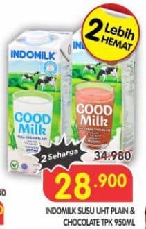 Promo Harga Indomilk Susu UHT Full Cream Plain, Cokelat 950 ml - Superindo