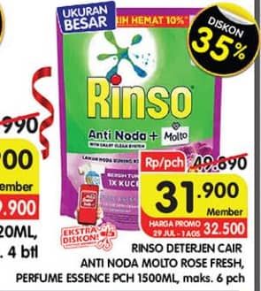 Promo Harga Rinso Liquid Detergent + Molto Pink Rose Fresh, + Molto Purple Perfume Essence 1500 ml - Superindo