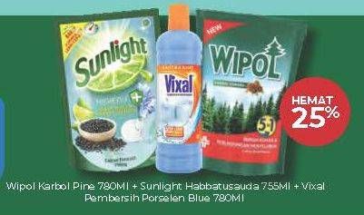 Promo Harga WIPOL Karbol Pine 780ml + SUNLIGHT Habbatussauda 755ml + VIXAL Pembersih Porselen Blue 780ml  - Carrefour