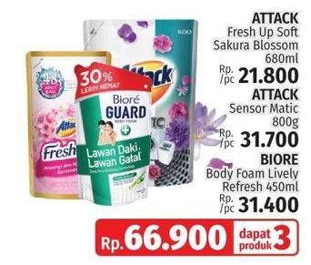 Promo Harga Attack Fresh Up Softener + Attack Sensor Matic Detergent Liquid + Biore Guard Body Foam   - LotteMart