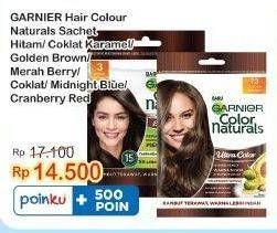 Promo Harga Garnier Hair Color 1.0 Hitam, 1 Hitam Alami, 5.32 Coklat Caramel, 7.3 Golden Brown, 6.64 Merah Berry, 4 Coklat, 3.1 Midnight Blue, 6.62 Cranberry Red 20 gr - Indomaret