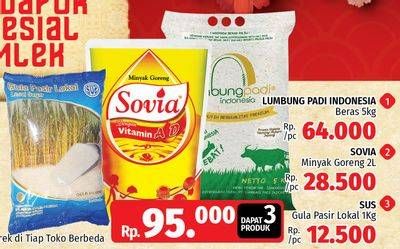 Promo Harga LUMBUNG PADI Beras 5kg/SOVIA Minyak Goreng 2ltr/SUS Gula Pasir Putih Lokal 1kg  - LotteMart