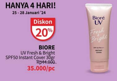 Promo Harga Biore UV Fresh & Bright Sunscreen SPF 50+ PA+++ Instant Cover 30 ml - Guardian