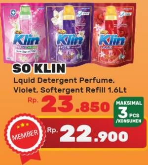 Promo Harga SO KLIN Liquid Detergent + Anti Bacterial Red Perfume Collection, + Anti Bacterial Violet Blossom, + Softergent Pink 1600 ml - Yogya