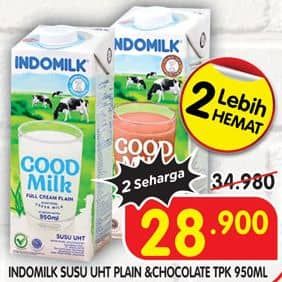 Promo Harga Indomilk Susu UHT Full Cream Plain, Cokelat 950 ml - Superindo
