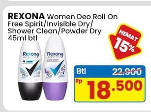 Promo Harga Rexona Deo Roll On Free Spirit, Invisible Dry, Shower Clean, Powder Dry 45 ml - Indomaret