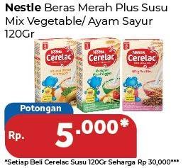 Promo Harga NESTLE CERELAC Bubur Bayi Beras Merah Susu, Mix Veggie, Steamed Chicken With Veggies 120 gr - Carrefour
