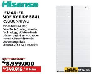 Hisense RS688N4IWU/WH  Diskon 19%, Harga Promo Rp8.999.000, Harga Normal Rp11.199.000, Cicilan : Rp 749.916/12 bulan

Spesifikasi :
- Kapasitas: 564 liter
- Dual-Tech Cooling, Inverter Technology, Moisture Fresh Crisper, Digital Sensor, Super Freeze, All-metal Handle, Deodorizing Filter
- Dimensi: 91 x 64,3 x 178,6 cm

GARANSI KOMPRESOR 12 TAHUN