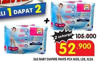 Promo Harga 365 Baby Diapers L28, M30, XL26 26 pcs - Superindo