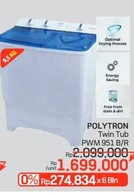 Promo Harga Polytron PWM 951 | Mesin Cuci 2 Tabung  - LotteMart