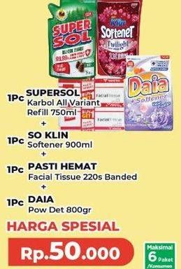 Supersol Karbol + So Klin Softener + Pasti Hemat Facial Tissue + Daia Detergent