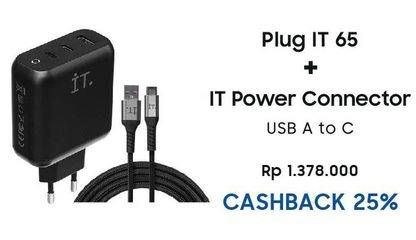 Promo Harga IT Power Connector USB A To USB C Cable + Plug IT 65 GaN Charger  - Erafone