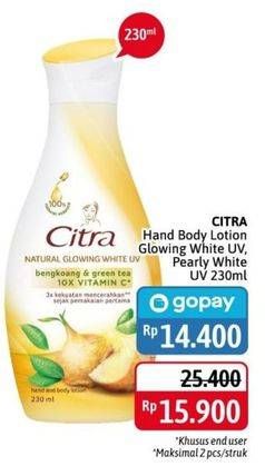 Promo Harga CITRA Hand & Body Lotion Pearly White UV Korean Pearl Mulberry, Natural Glowing White UV Bengkoang Green Tea 230 ml - Alfamidi
