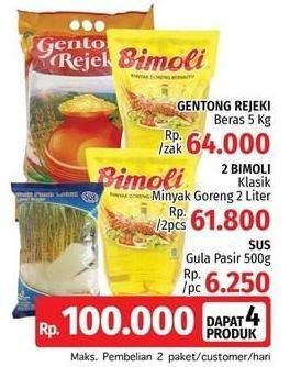 Promo Harga GENTONG REJEKI Beras 5Kg + BIMOLI Minyak Goreng 2Ltr + SUS Gula Pasir 500gr  - LotteMart