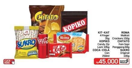 Promo Harga Kit Kat Chocolate 4 Fingers/Kopiko Coffee Candy/Coca Cola Minuman Soda/Roma Malkist/Chitato Snack Potato Chips/Dua Kelinci Kacang Sukro   - LotteMart