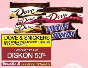 Promo Harga Dove Chocolate Dark & Milk 43 gr/80 gr & Snickers Single  - Yogya